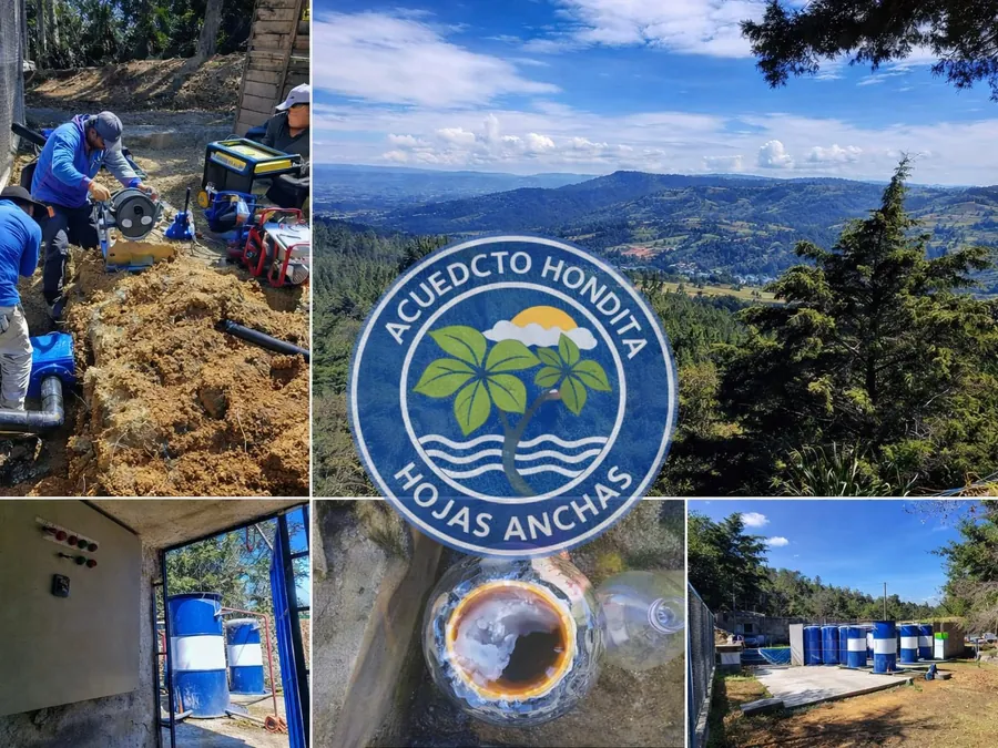 Operación del acueducto: fontaneros en la red y sistema de tratamiento con vista al valle de Guarne